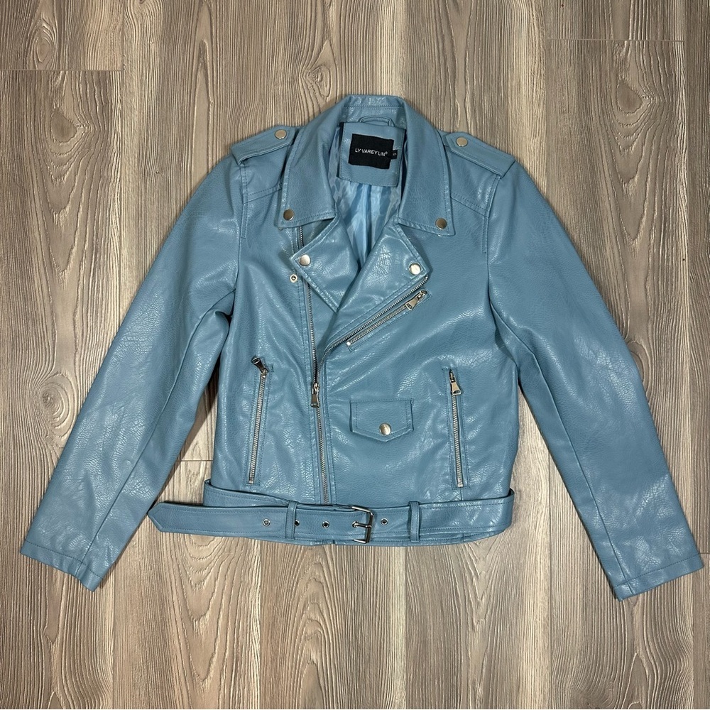 Ly Varey Lin Light Blue Faux Leather Moto Jacket with‎ Belt Women’s Small